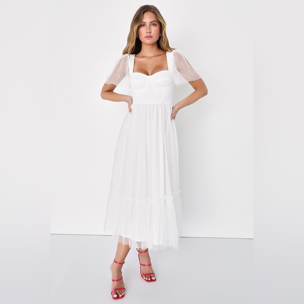 NWT- Lulus Dreamy Celebration White Tulle Bustier Swiss Dot Midi Dress